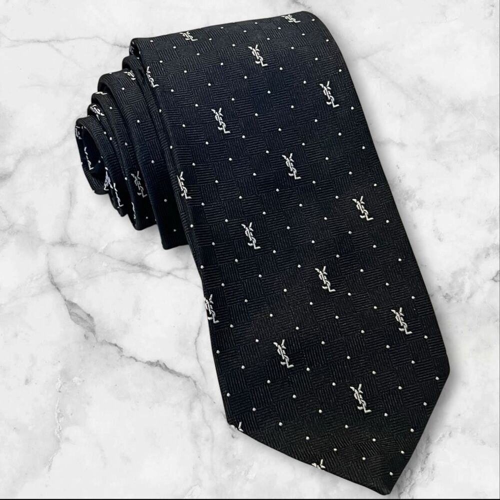 Vintage Yves Saint Laurent YSL Black Monogram Designer Tie 62”